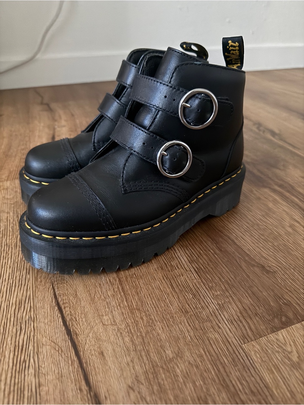 Dr. Martens Devon Black Double Buckle Platform Ankle Boots – Women’s